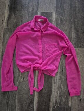 Garage Bright Hot Pink Tie-Front Sheer Blouse Size Xs